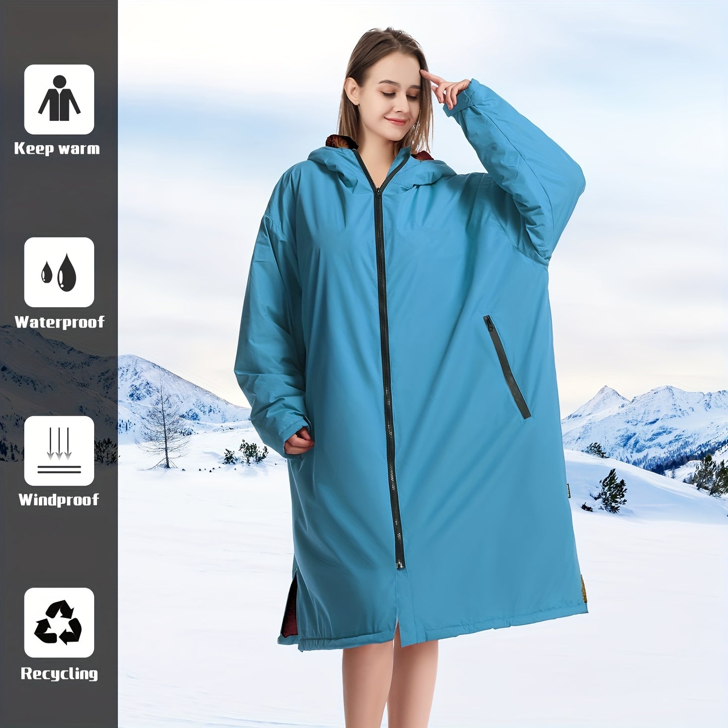 Waterproof, windproof unisex changing robe with fleece lining and hood for home, surfing, diving, camping, and hiking.