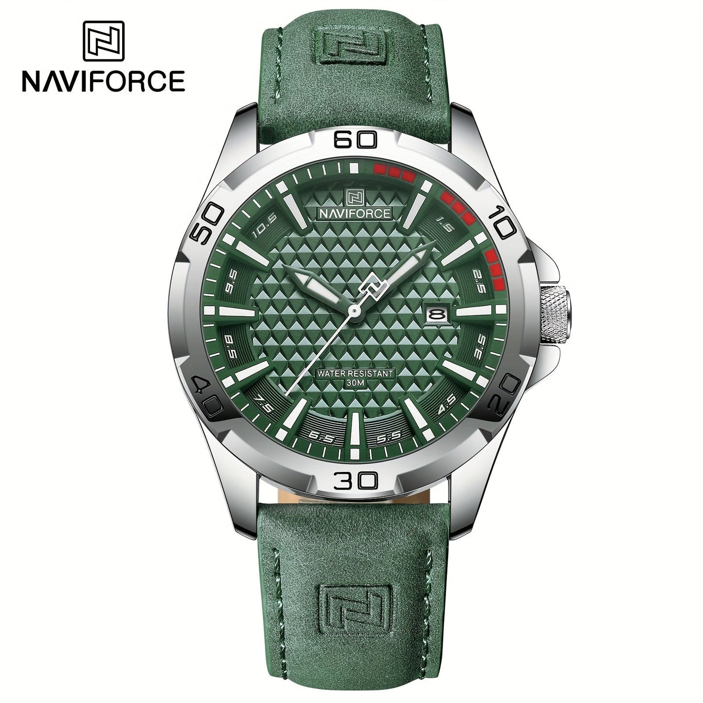 NAVIFORCE Men's Quartz Watch NF8023 features a casual style with a round alloy case and genuine leather strap. The watch also boasts a carbon fiber dial, 3ATM water resistance, and is powered by a battery-powered electronic movement.