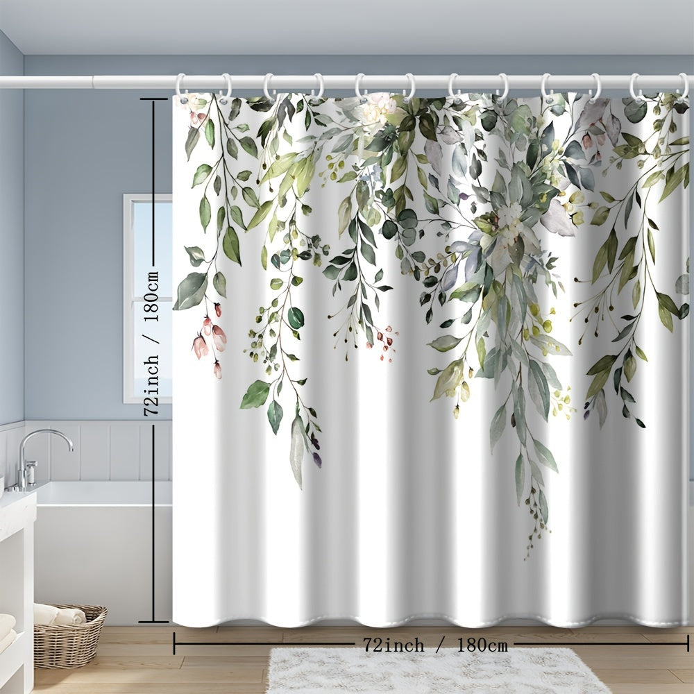 Green Eucalyptus Leaf Shower Curtain, 1 piece, measures 180x180cm, includes 12 plastic hooks for easy installation. Enhance your bathroom decor with this fresh plant design.