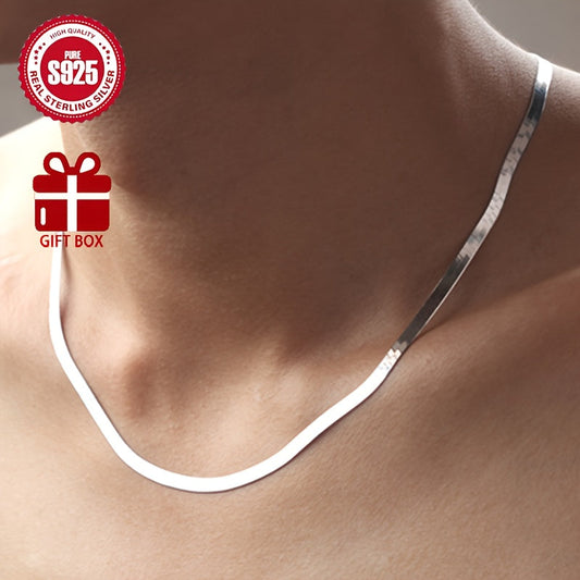 925 Sterling Silver Snake Bone Necklace with 18K Gold Plating, Hypoallergenic Flat Clavicle Chain, Elegant and Minimalist Style, Ideal for Daily Wear, Great Gift for Couples, Valentine's Day, Comes in an Anti-Tarnish Gift Box.