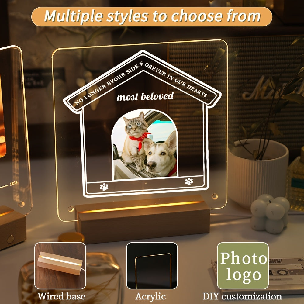 Single frame with LED light featuring personalized photo and customizable acrylic love heart design. Transparent stand for displaying pictures, perfect for celebrating special occasions such as anniversary, Valentine's Day, Christmas, Mother's Day