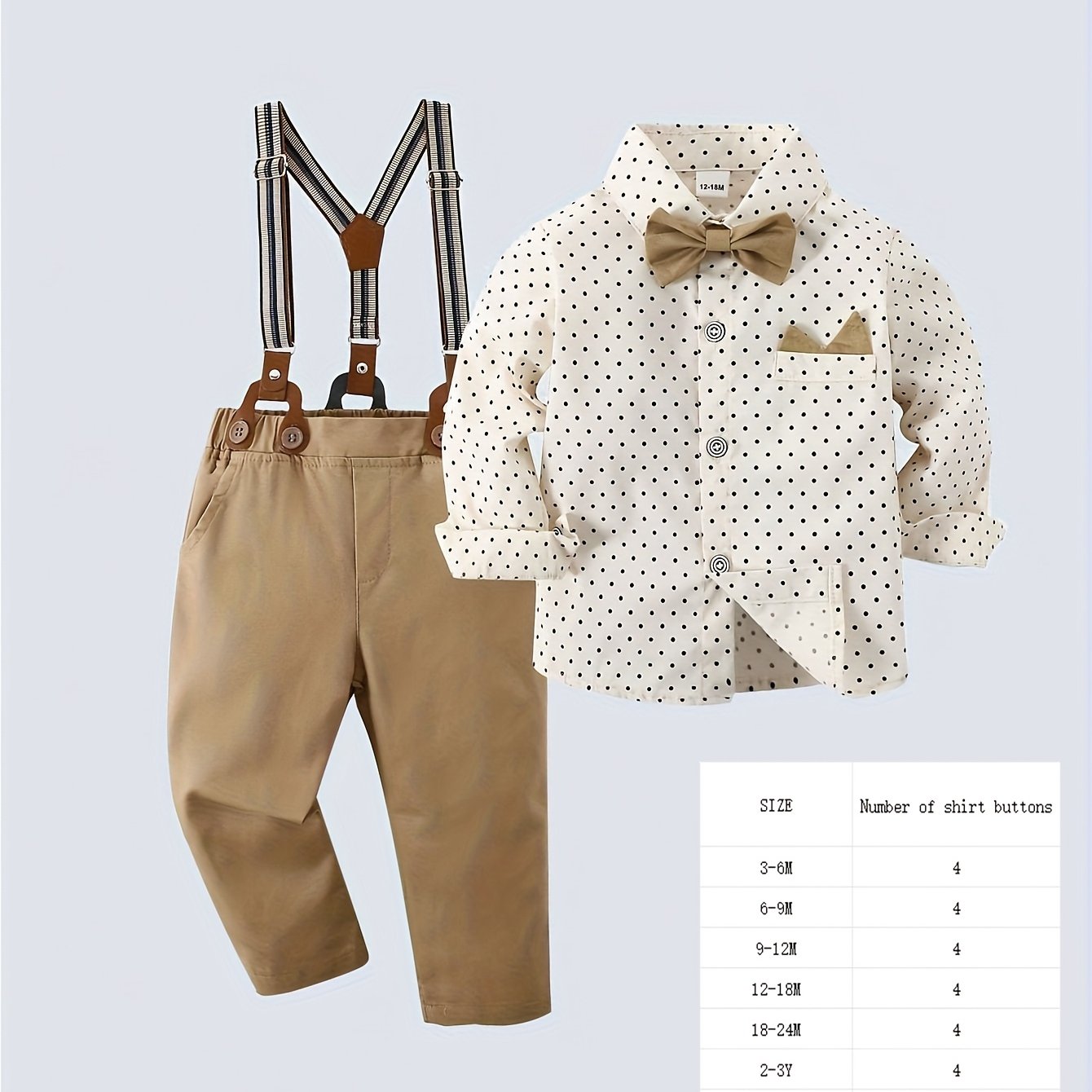 2pcs BOARNSEORL Boys' Gentleman Suit Set with Polka Dot Shirt, Bowtie, Pants. Non-stretch woven fabric, regular fit, for special occasions.