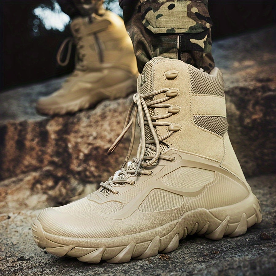 High-top tactical boots for men in beige stripe pattern, featuring a comfortable lace-up design with a non-slip EVA sole. Durable and versatile for outdoor adventures and casual wear