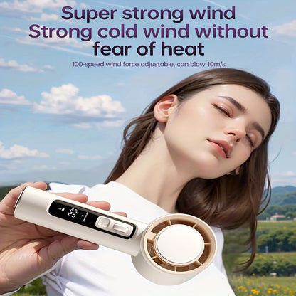 This portable mini handheld fan offers 100-speed wind force adjustment with a turbo feature. It includes an LED display for monitoring battery life and speed settings. The fan is USB rechargeable and includes a built-in aromatherapy feature. It also has