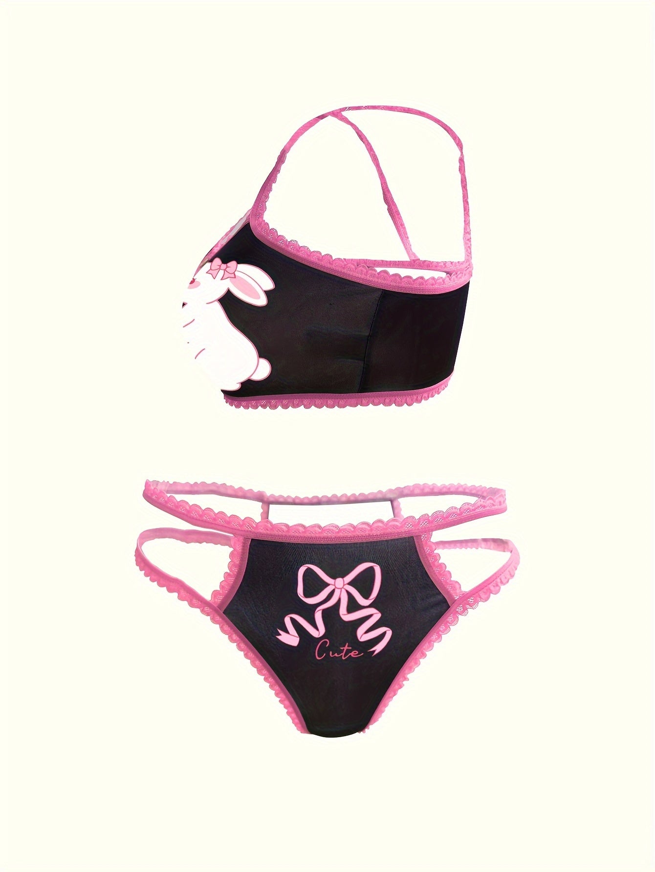 Pink lace set with cute rabbit print bra and panties.