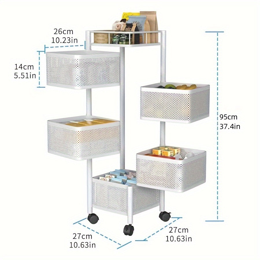 Square 4-tier metal rotating storage rack on wheels for kitchen and bathroom. Golden tube frame, pre-assembled for convenience.