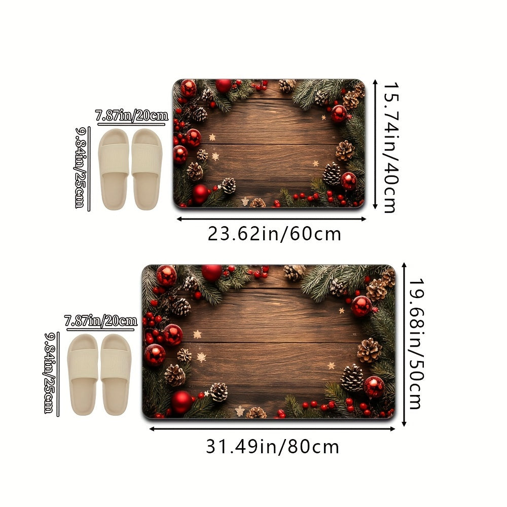 This decorative non-slip mat, perfect for the winter holidays, features charming patterns of New Year and Christmas elements such as faux wood grain, pine trees, pine cones, and snowflakes. It is ideal for adding a festive touch to bedrooms, living