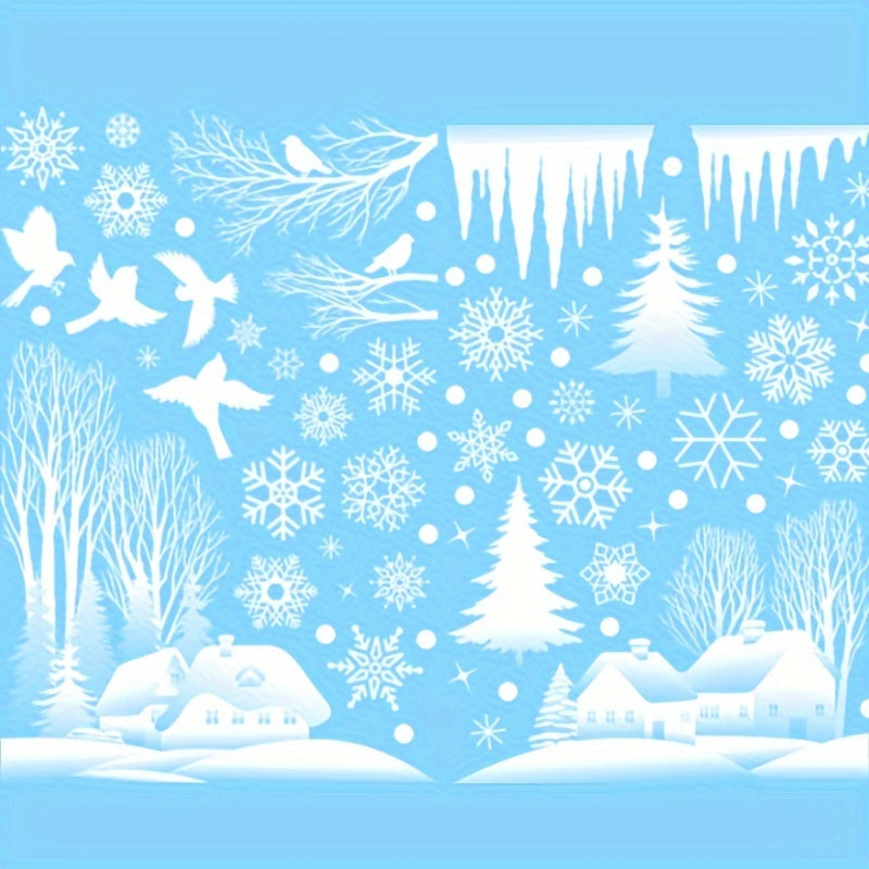 Christmas Forest Snow House Window Sticker Set with 74 Pieces, featuring Snowflake Wooden Houses for New Year and Christmas Decoration, creating a cozy Forest Cabin Atmosphere for the holiday season.