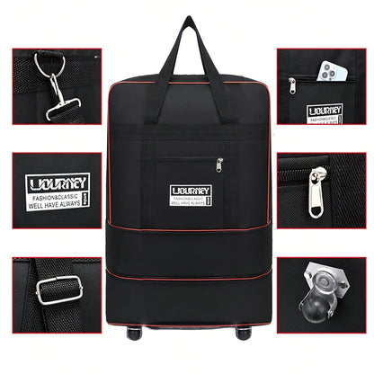 Foldable travel luggage bag with wheels for business trip, study abroad, and travel. Large storage capacity, expandable and portable.