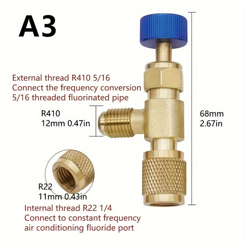 Refrigeration charging adapter for R410A and R22 air conditioning systems, compatible with 1/4" liquid safety valve hose and R22 copper adapter. Essential hand tool parts for maintenance, including refrigerant vacuum switch and R22 detection tool.