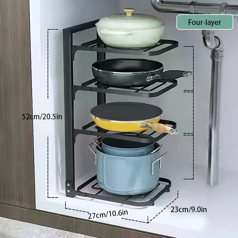 Stainless steel pot rack with adjustable height, available in 3-tier or 4-tier options. Ideal for kitchen or restaurant use, with durable metal construction and space-saving design.