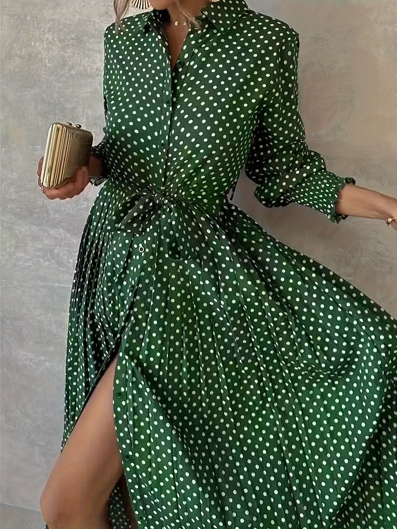 Long sleeve polka dots dress, elegant and suitable for adults, made of polyester for spring/fall.