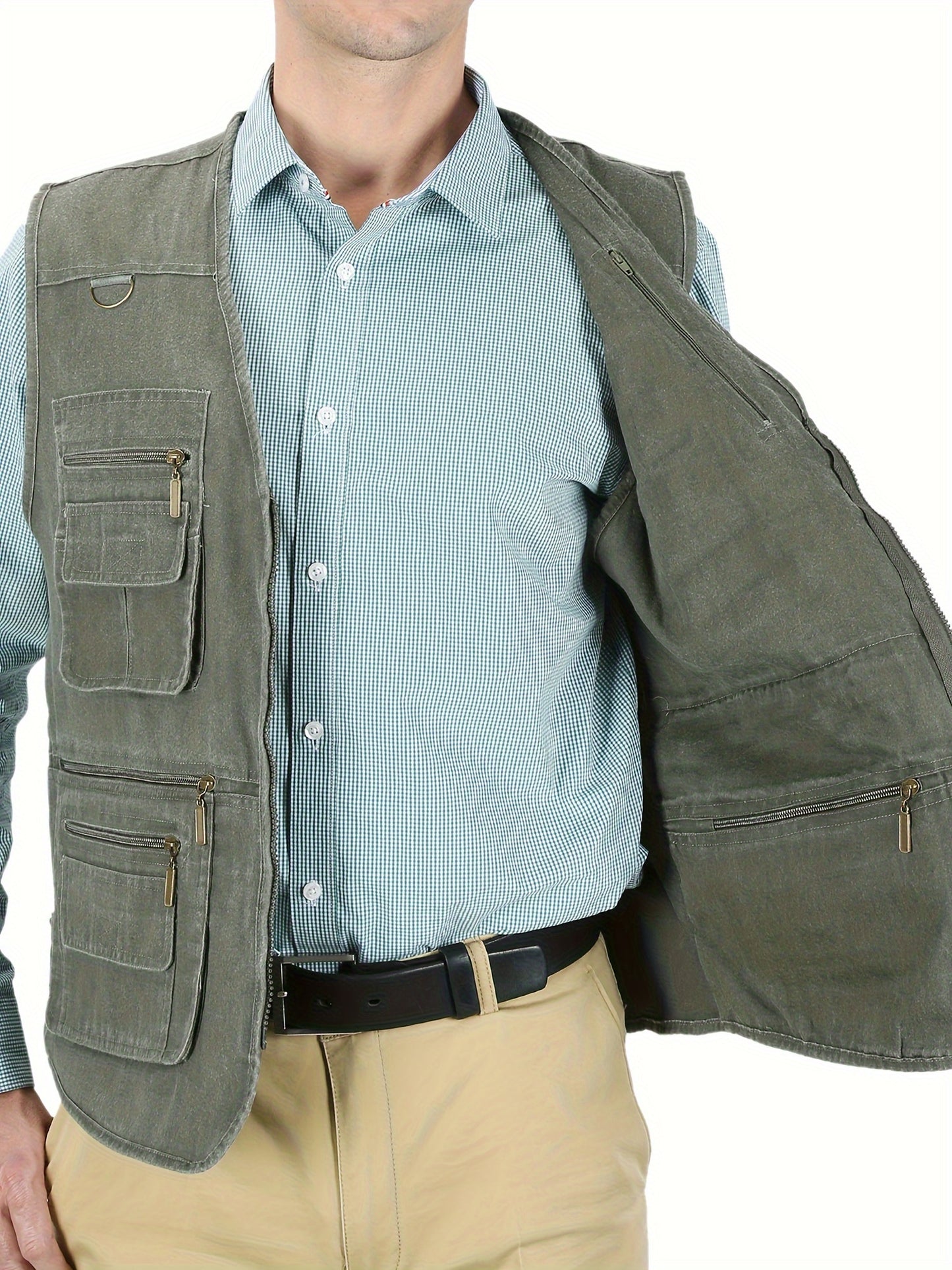 Solid multi-pocket zip-up vest jacket for men, perfect for outdoor activities and work days.