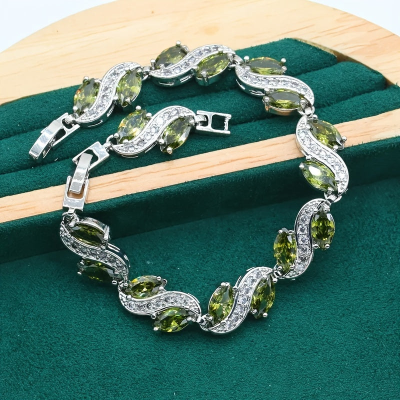 Exquisite 5-Piece Olive Green Zirconia Jewelry Set for Women - Featuring Elegant Synthetic Stones, Platinum Plated Copper with Full Pave Setting - Comes with an Adjustable Ring, Long Earrings, Necklace, and Bracelet - Ideal for Weddings, Banquets, and as