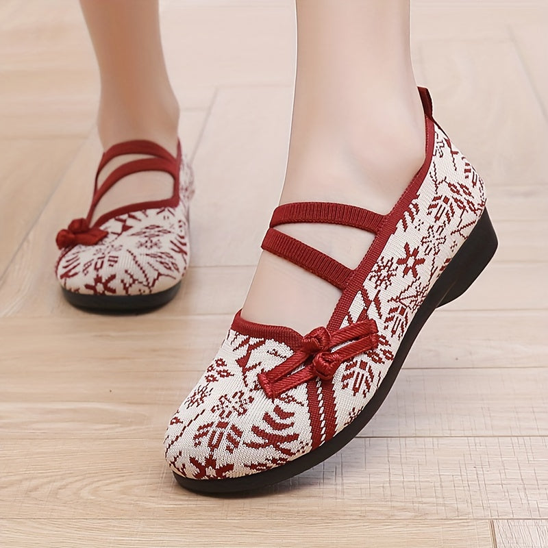 Crafted Comfort Women's Knit Slip-On Flats: Lightweight, Comfortable Walking Shoes with Soft Sole & Ethnic Pattern.