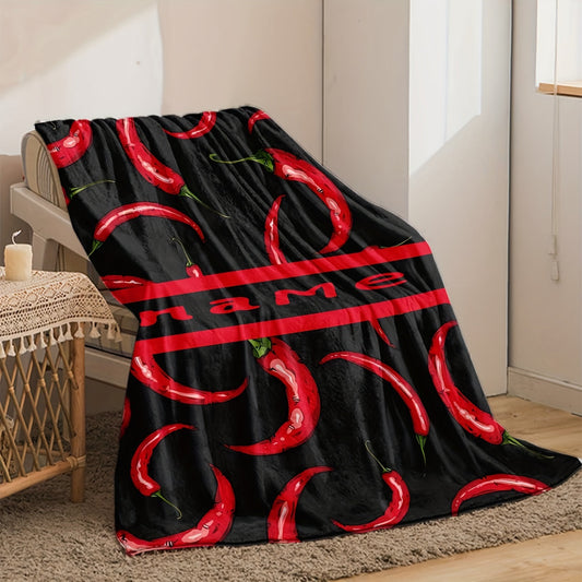 Personalized Cartoon Chili Pattern Flannel Blanket - Lightweight and Soft All-Season Throw for Bed, Couch, Camping, and Travel. Hypoallergenic and Tear-Resistant. Ideal Gift for Chili Lovers and Valentine's Day, with Option for Personalized Name. Perfect