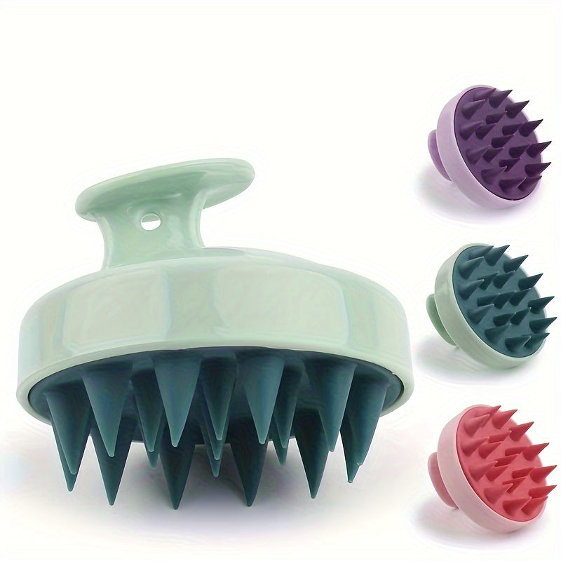 Silicone scalp massager with gentle exfoliating shampoo comb. No batteries needed, comes in 3 colors.