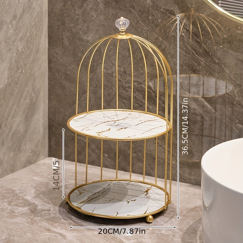 Luxury gold-toned cast iron makeup organizer with cage-shaped bathroom shelf for elegant display of perfumes and skincare products on vanity or countertop.