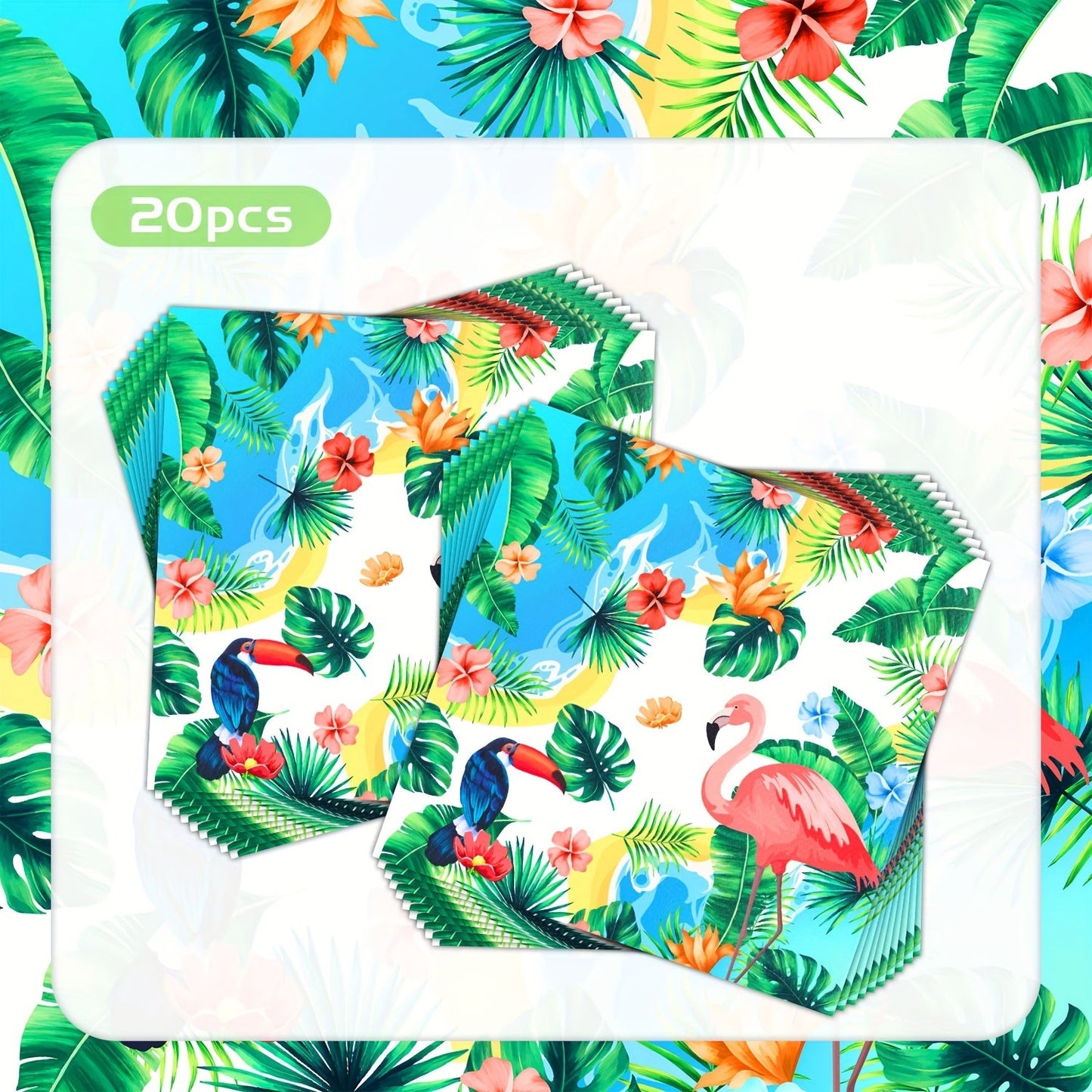 20 pieces of Hawaii Themed Party Disposable Paper Napkins with a Green Leaf Flamingo design, ideal for decorating your bathroom, powder room, or for use at weddings, holidays, and birthday parties.