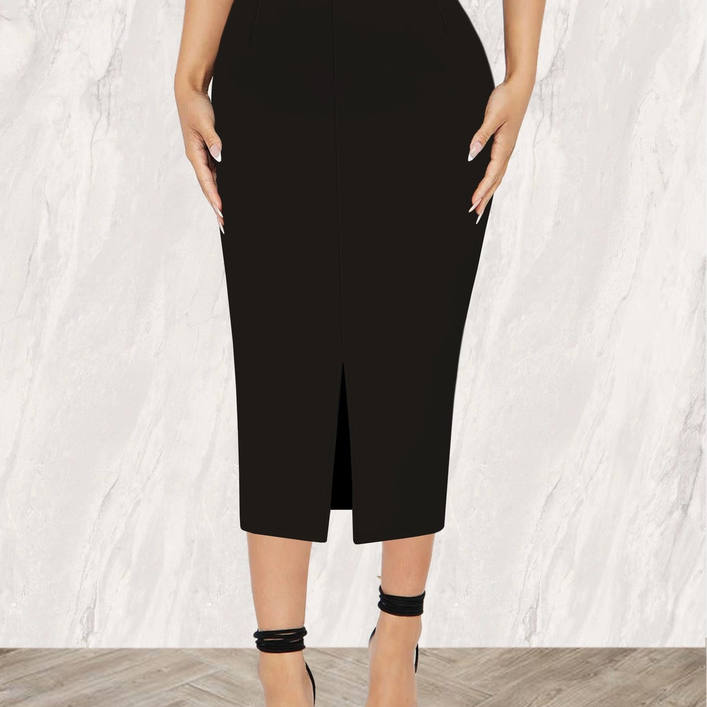 Stylish black midi skirt for women with a chic slim silhouette, high-waisted design, and side slit, made with a stretchy rayon blend ideal for spring/summer fashion.