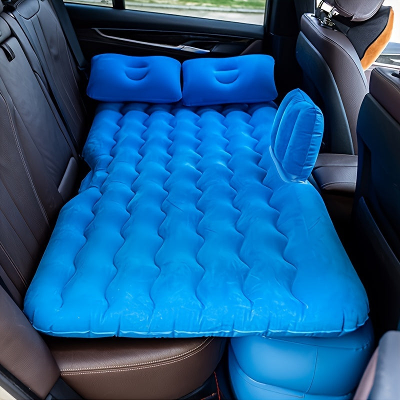 PVC self-inflating air mattress for vehicle rear seat, single person, includes stuff pouch, no repair kit required.