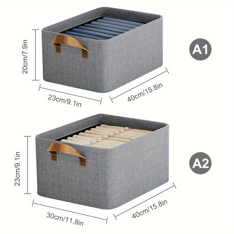 Two folding storage bins featuring metal frames, made of household fabric with handles. These large capacity boxes are perfect for storing clothes or toys in a closet, wardrobe, dorm room, or under the bed, serving as a space-saving organization solution.