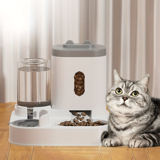 Dual bowl ergonomic cat feeder and water dispenser set made of plastic for cats, featuring automatic food and water feeding for neck-friendly use.