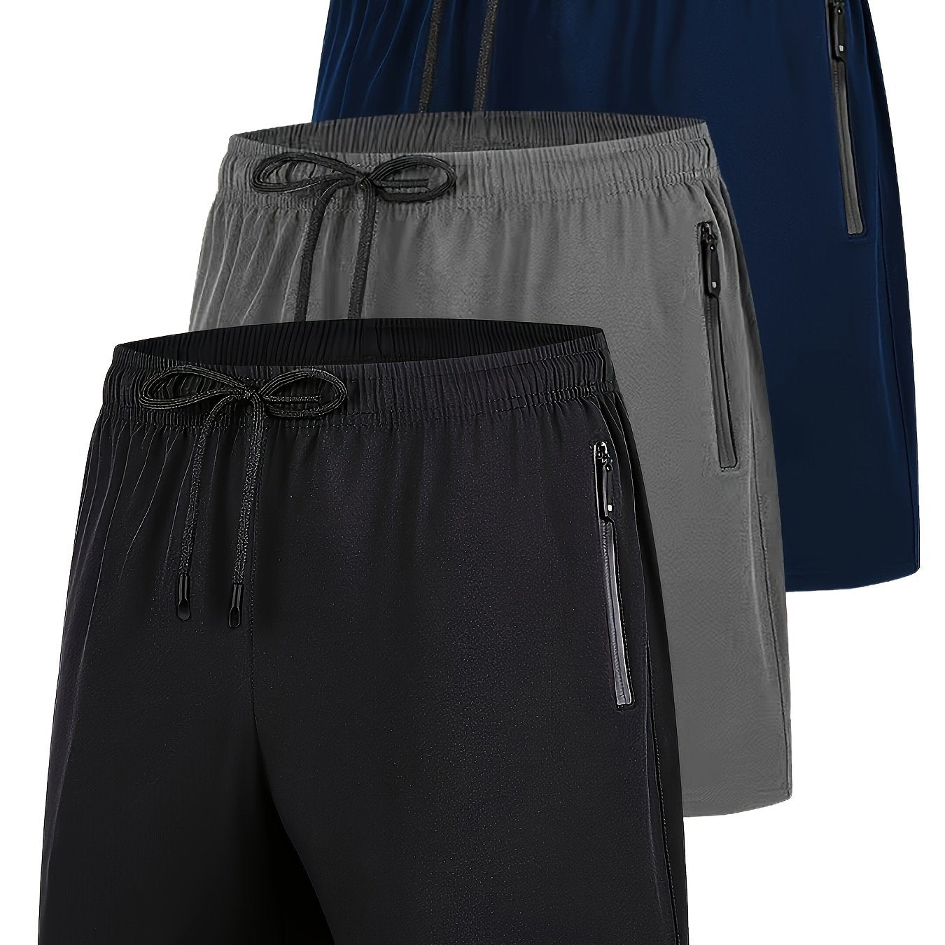 Men's plus size three-piece set of casual sports shorts with quick dry, breathable stretch fabric, zippered pockets, suitable for running, fitness, cycling, hiking, swimming, outdoor