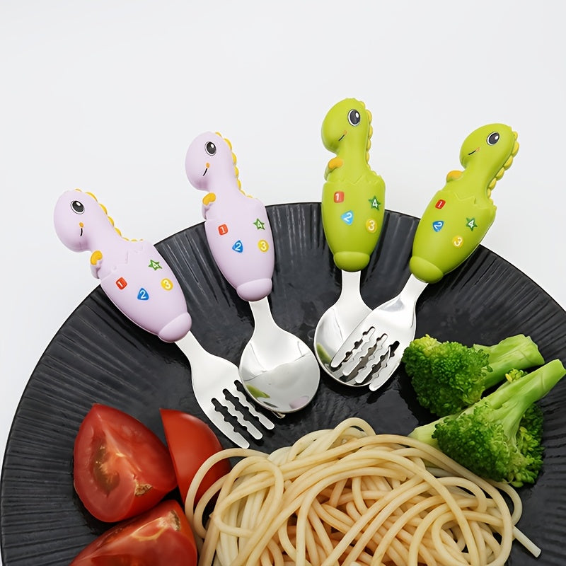 Youngsters dining set includes stainless steel fork and spoon with colorful dinosaur handles, making mealtime easy and kid-friendly.