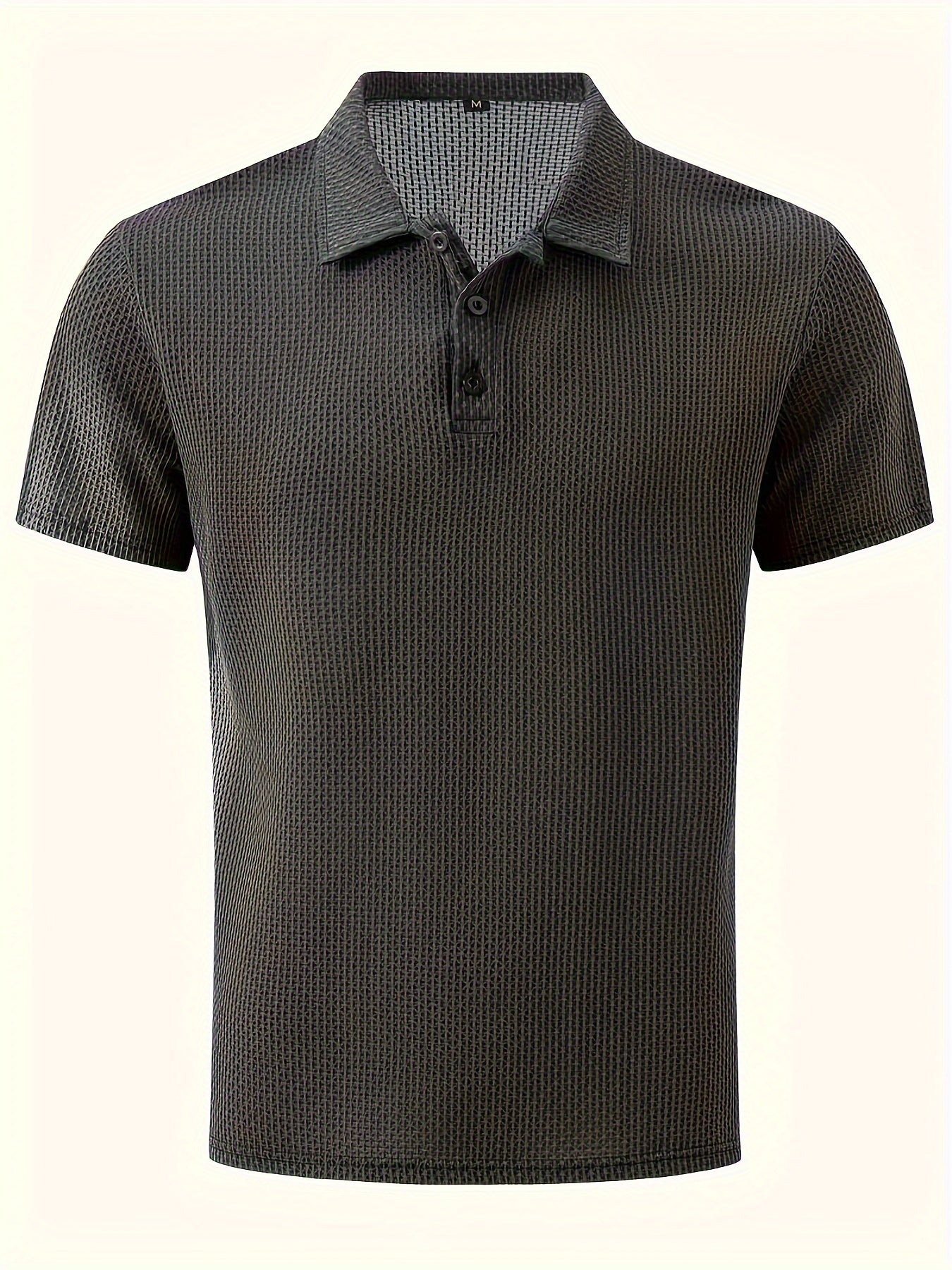 Men's summer casual short sleeve t-shirt in geometric pattern knit fabric with lapel collar and button detail. Made of 95% polyamide and 5% spandex for high stretch. Regular fit fashion