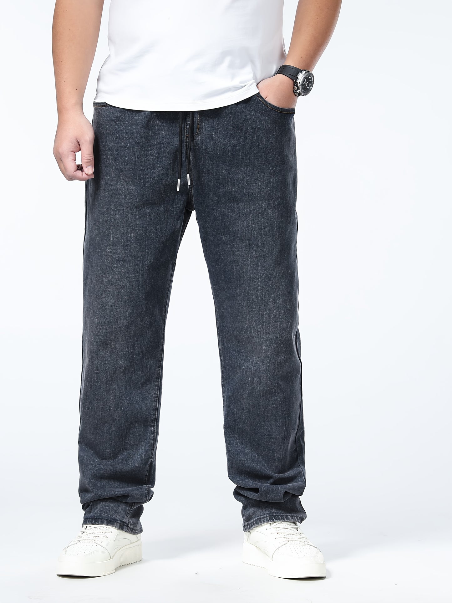 Plus Size Men's Casual Jeans with Loose Fit, Straight Leg, Elastic Waistband, Rayon Blend Denim