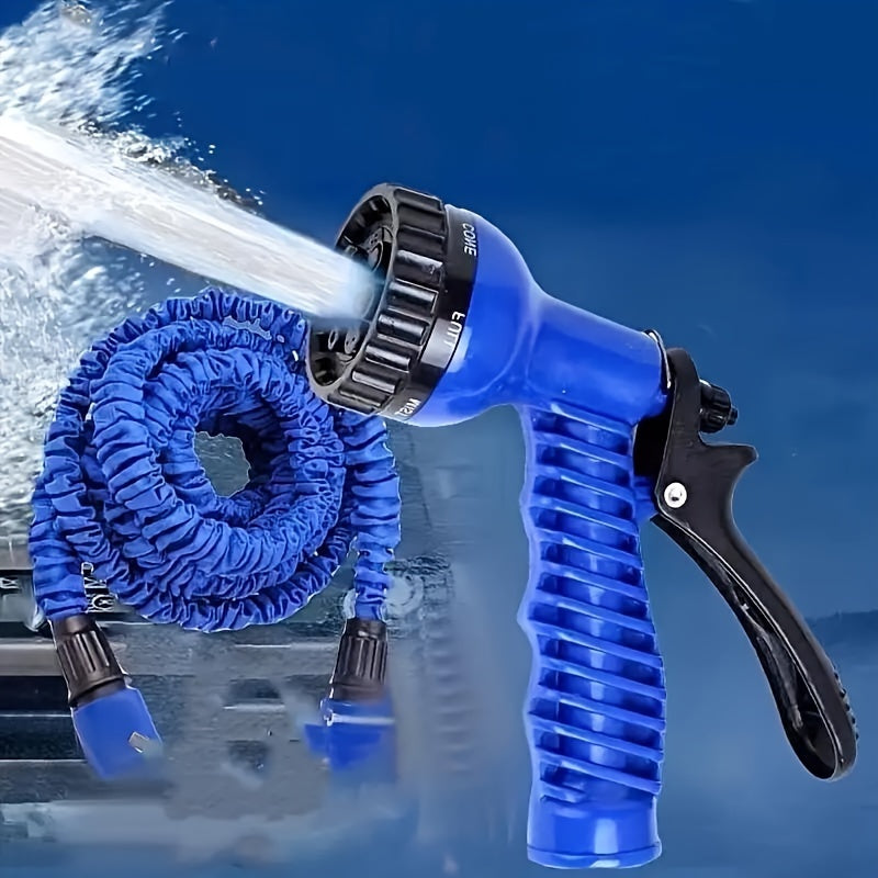 Versatile retractable garden hose with spray nozzle, durable rubber material for high-pressure car wash and irrigation. Compatible with thread standards in Europe and America, available in