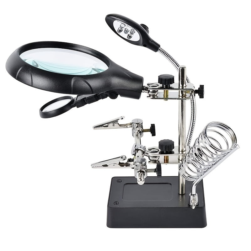 1pc 3-in-1 soldering station with magnifying LED light and auxiliary clip.