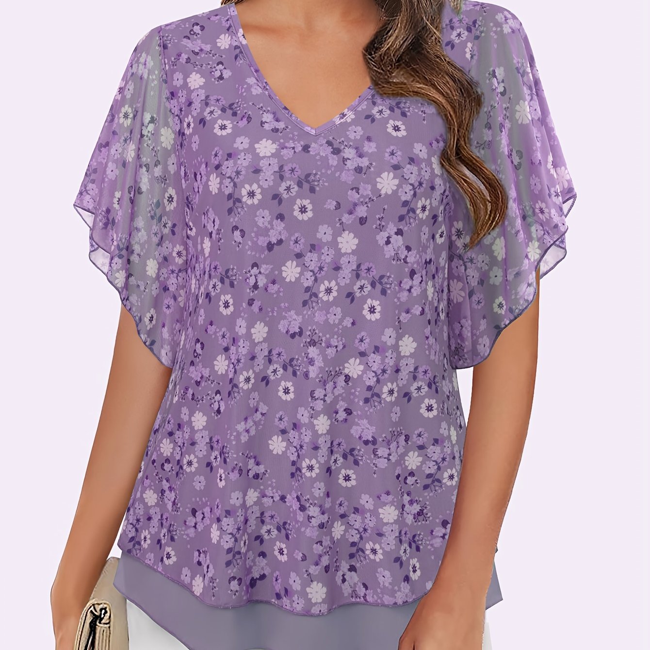 Women's Double Layer Mesh Blouses - Short Sleeve V Neck Tunic Tops