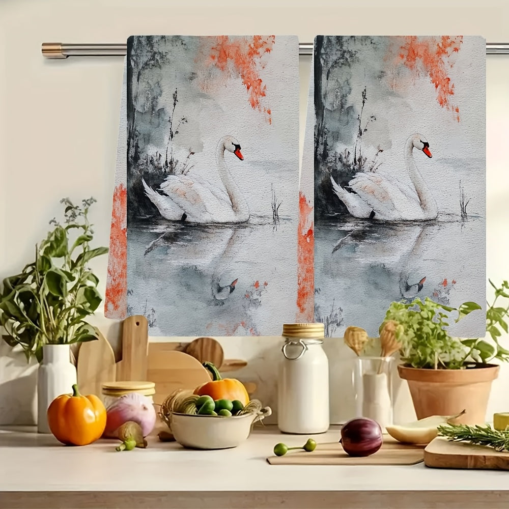 Set of 2 Ultra Soft Kitchen Towels featuring the Graceful Beauty of a Swan, Highly Absorbent Dish Hand Towels perfect for Holiday Decor, Machine Washable, Size 16x24 Inch - Model Number 2KYSYS1218563