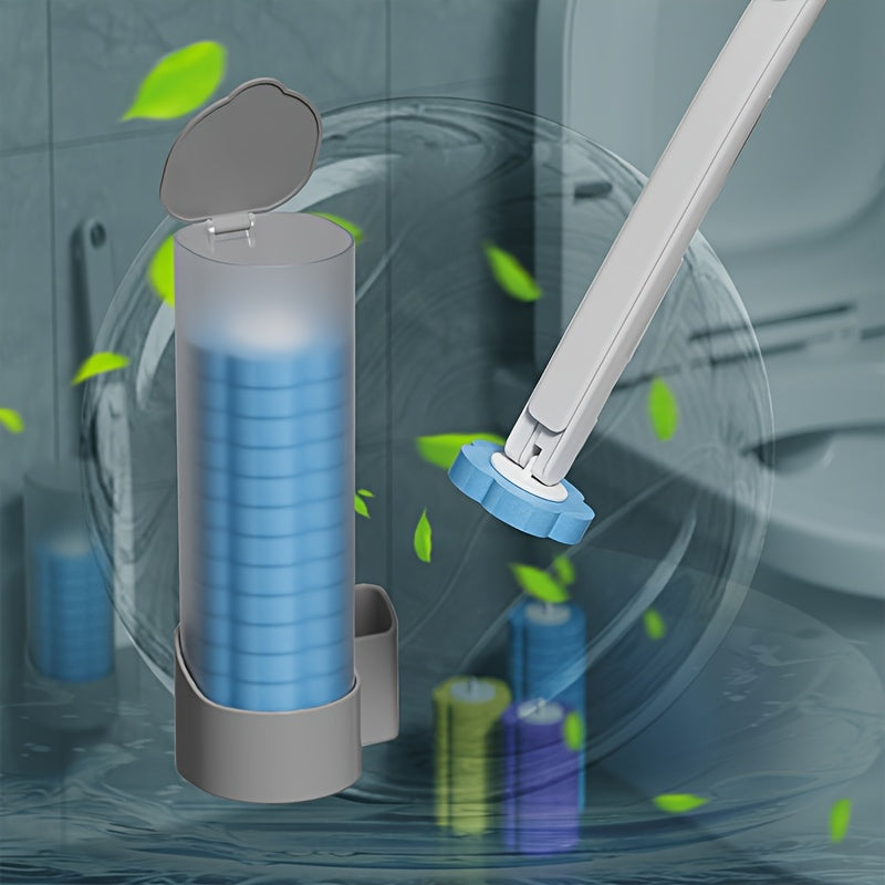 Complete Bathroom Cleaning Kit includes 6 Disposable Soft Brush Heads with Ocean Scent - Easy to Use, No Electricity Needed. Features Self-Standing Toilet Brush with Handle and Wall-Mount Accessories. Effectively Freshens and Cleans, Reaching all Areas