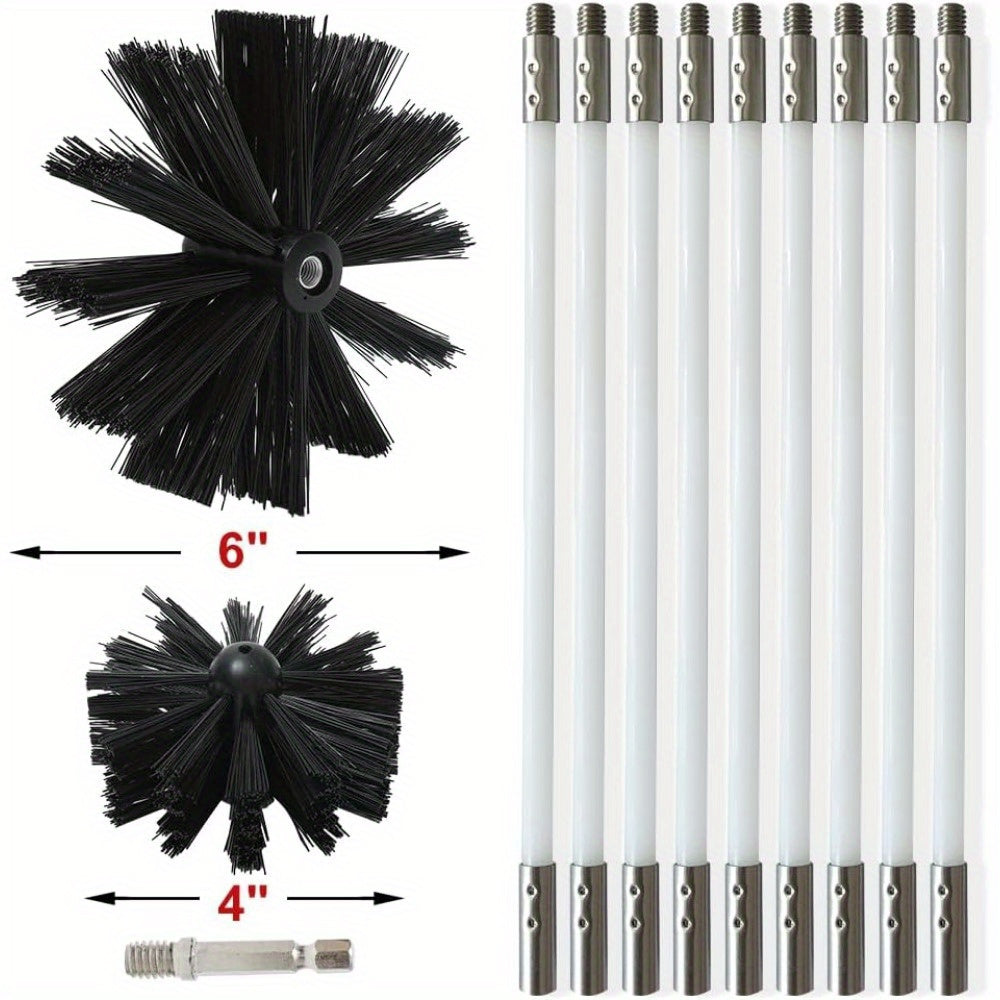 The Chimney Sweep Brush Kit includes flexible rods, a rotatable head, a plastic handle, and detachable components for easy cleaning of particle furnaces and dryer vents.