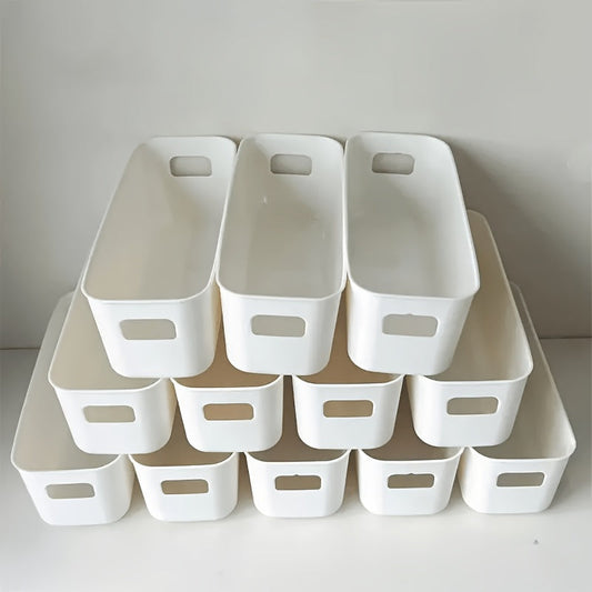 This pack includes 12 stackable plastic storage bins with handles, perfect for organizing office, home, and closet spaces. These durable containers are perfect for storing stationery, cosmetics, socks, and underwear. The space-saving drawer organizers