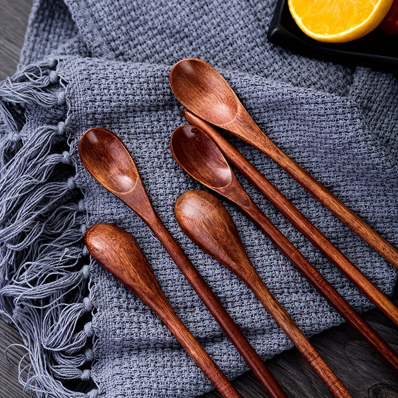 Long handle log coffee spoon set, including stirring spoon, honey spoon, small spoon, and wooden mouth spoon.