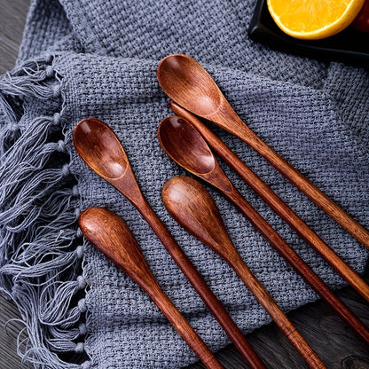 Long handle log coffee spoon set, including stirring spoon, honey spoon, small spoon, and wooden mouth spoon.