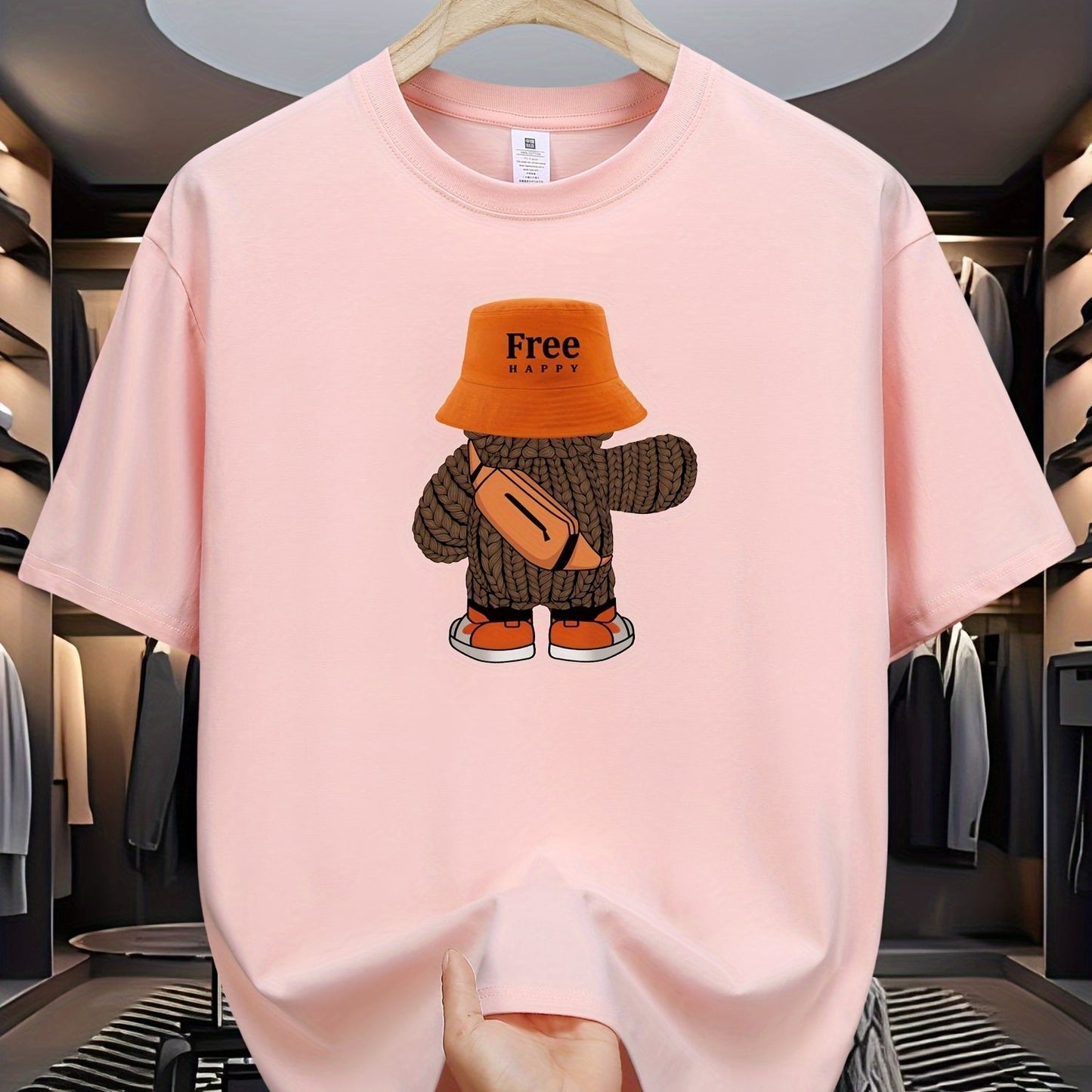 5E Men's 100% Cotton Teddy Bear Graphic Print T-shirt, Short Sleeve Crew Neck Tee for Summer Outdoor Wear.