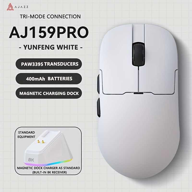 AJAZZ AJ159 Pro Gaming Mouse with lightweight, ergonomic design, Tri-Mode 3396 Optical Sensor, SuperGrip 0Hz Return Rate, Magnetic Base, Wired & Wireless Connectivity, in Black & White