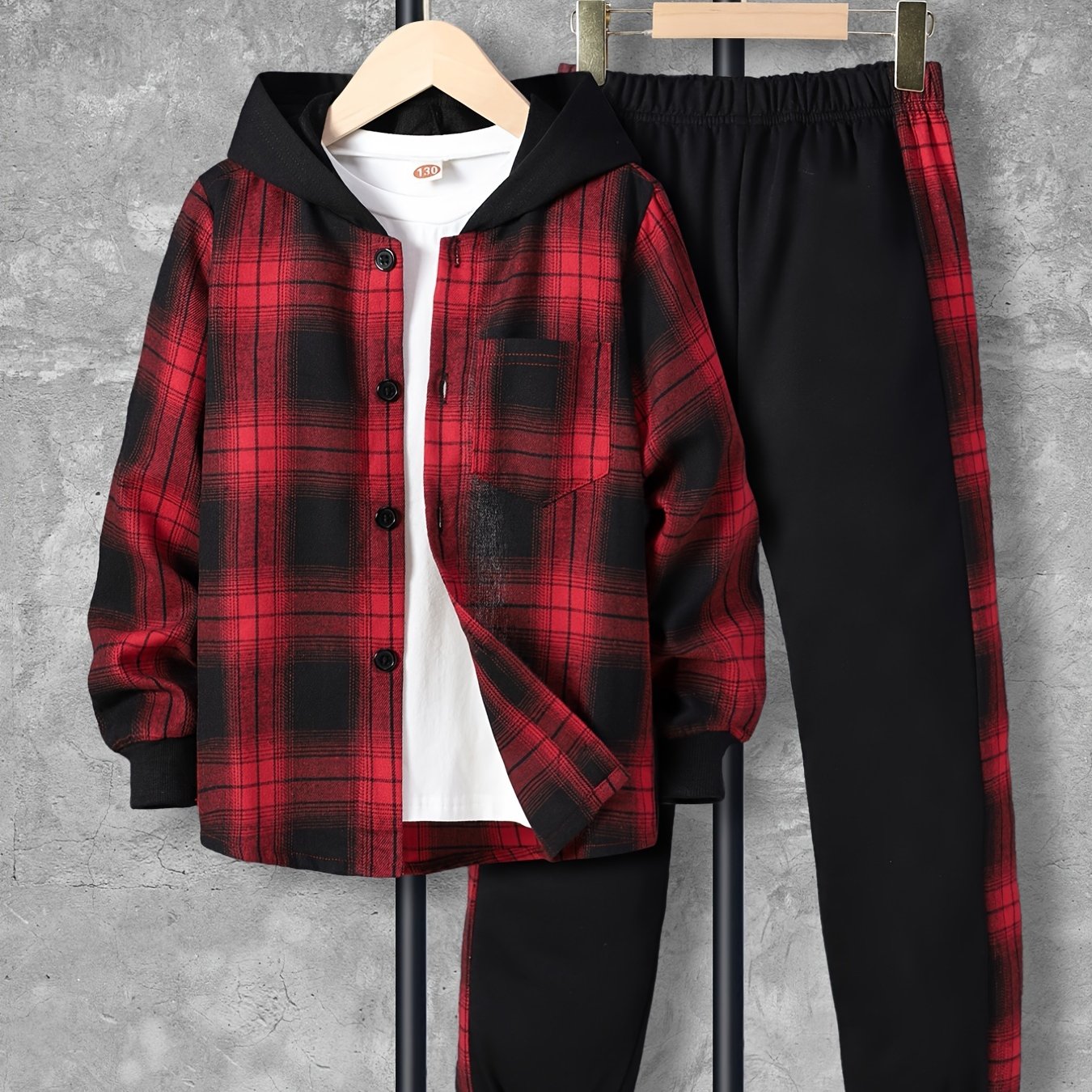 Kids' Medium Boys' Autumn New Fashion Plaid Hooded Shirt and Black Plaid Pants Set for Outdoor Wear.