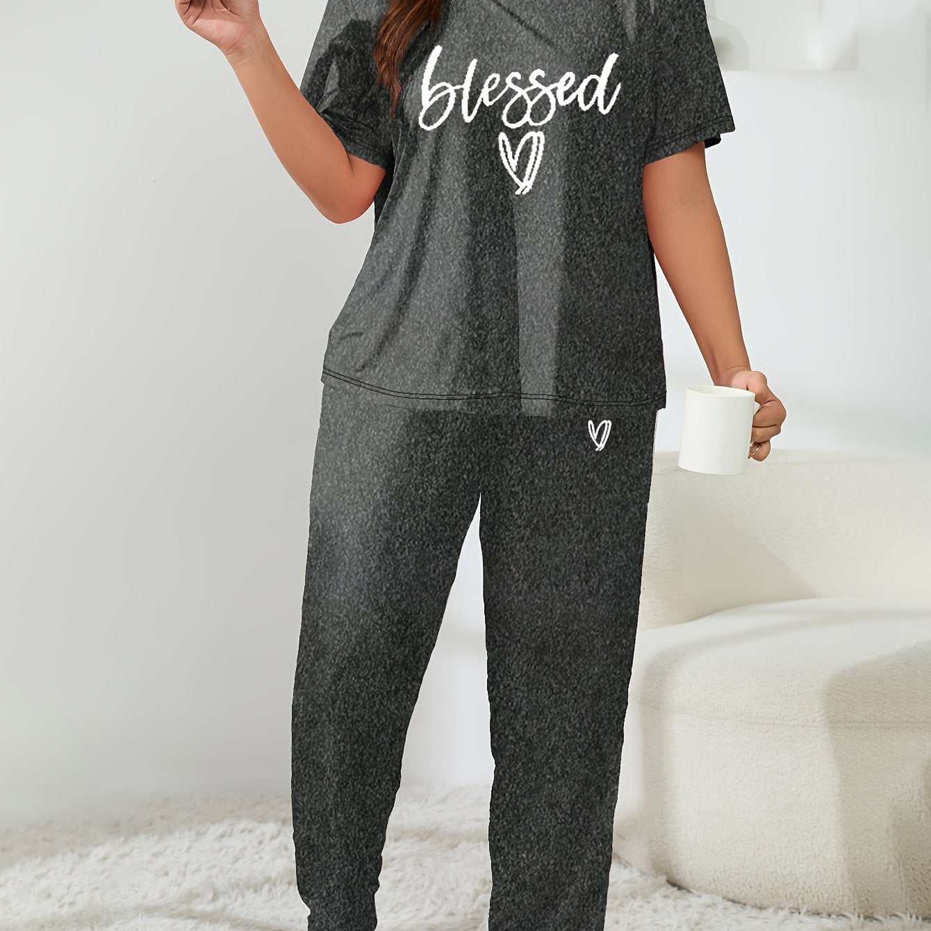 Plus Size Women's Casual Lounge Set with Heart & Letter Print, Short Sleeve Top & Pants Pajamas Set