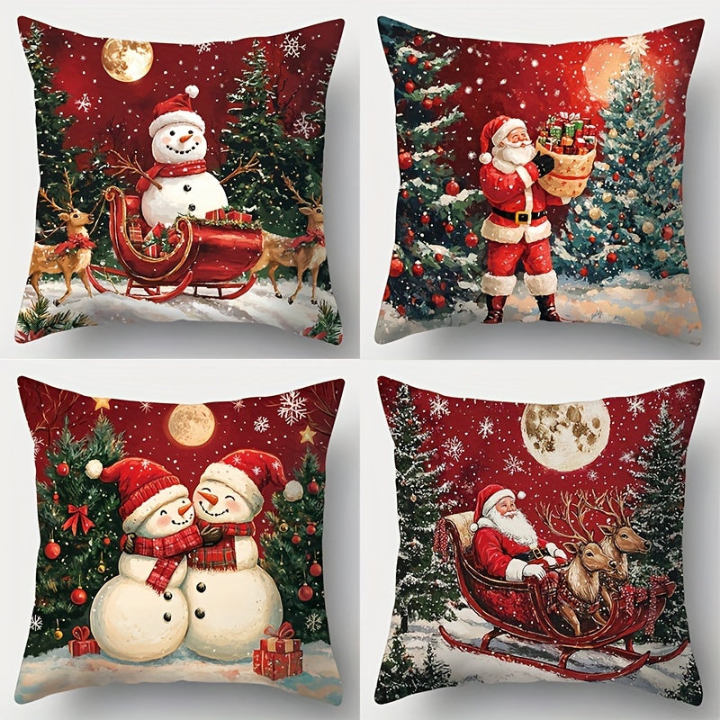 Set of 4 modern Christmas throw pillow covers, woven polyester, hand-washable, zippered, festive holiday prints, sofa and living room décor, 45.01x45.01 cm, insert not included.