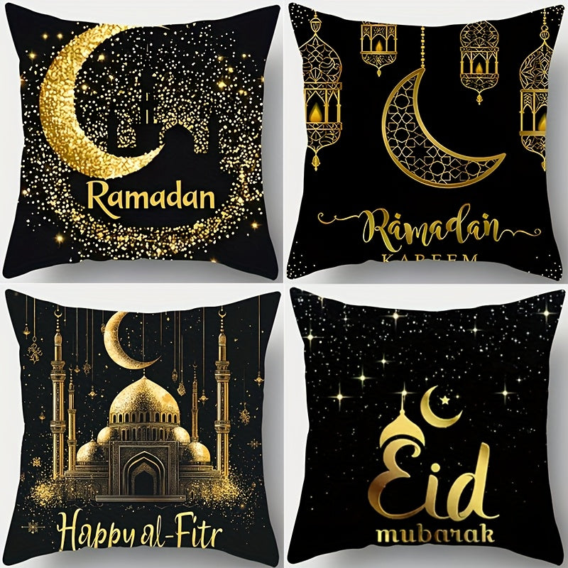 Traditional Ramadan pillowcases, set of 4, 45.01cm square, 100% polyester, machine washable, zippered covers with lantern, star, moon print for living room and bedroom decor (pillow inserts