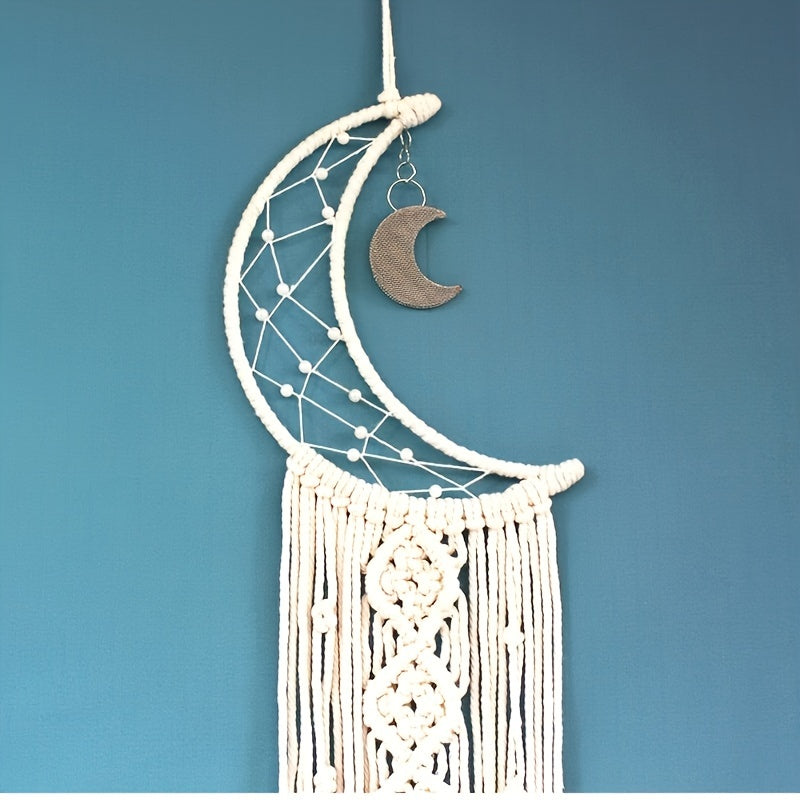 Get the perfect boho room decor with moon macrame wall pediments. Ideal gift for Christmas, Halloween, and Thanksgiving Day. Please note that strip lights are not included and need to be purchased separately.