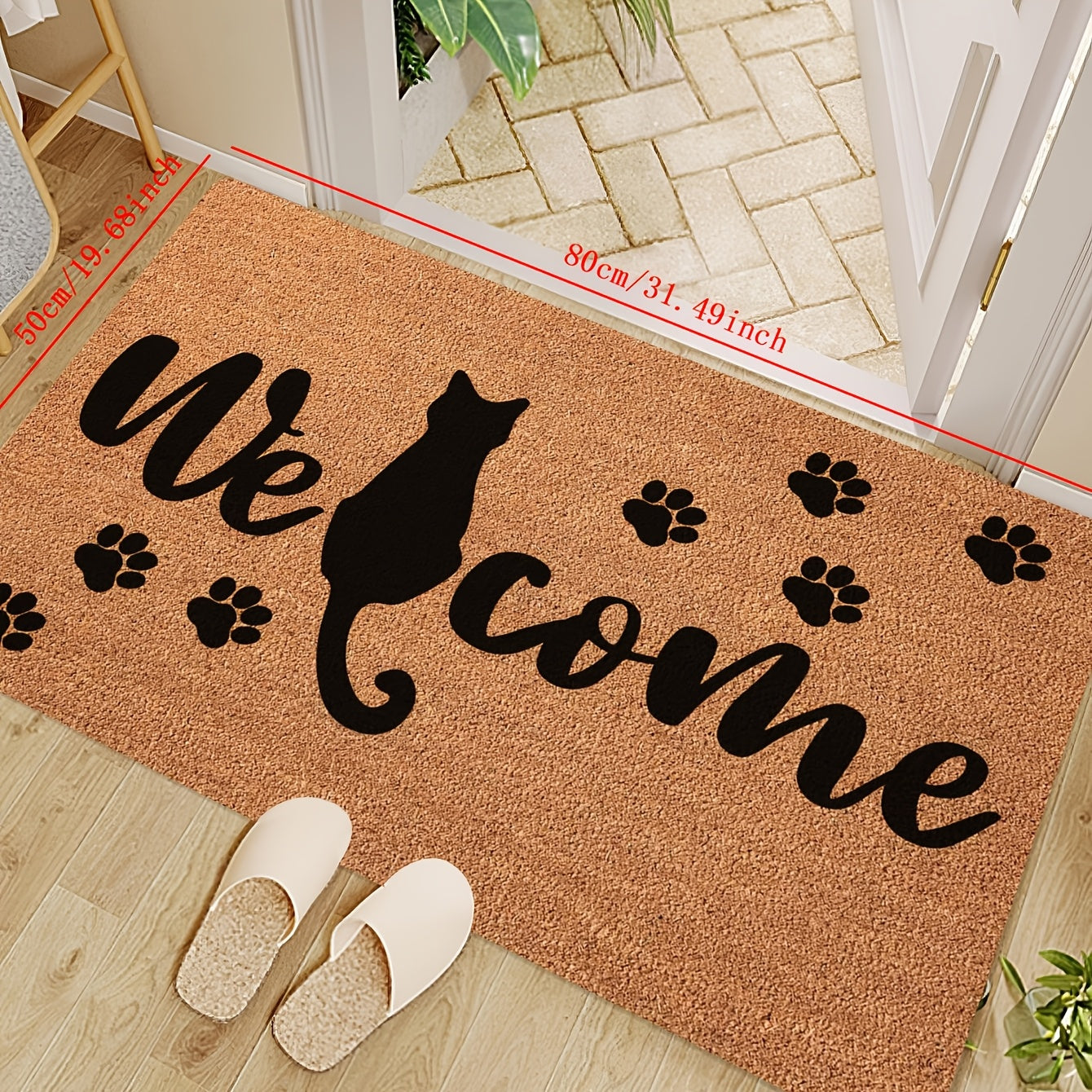 Introducing the Whisker Wonders Cat Welcome Doormat, a durable and stylish addition to your home. Made of stain-resistant polyester material with a charming black cat silhouette, this mat is perfect for both indoor and outdoor use. Easy to clean with a