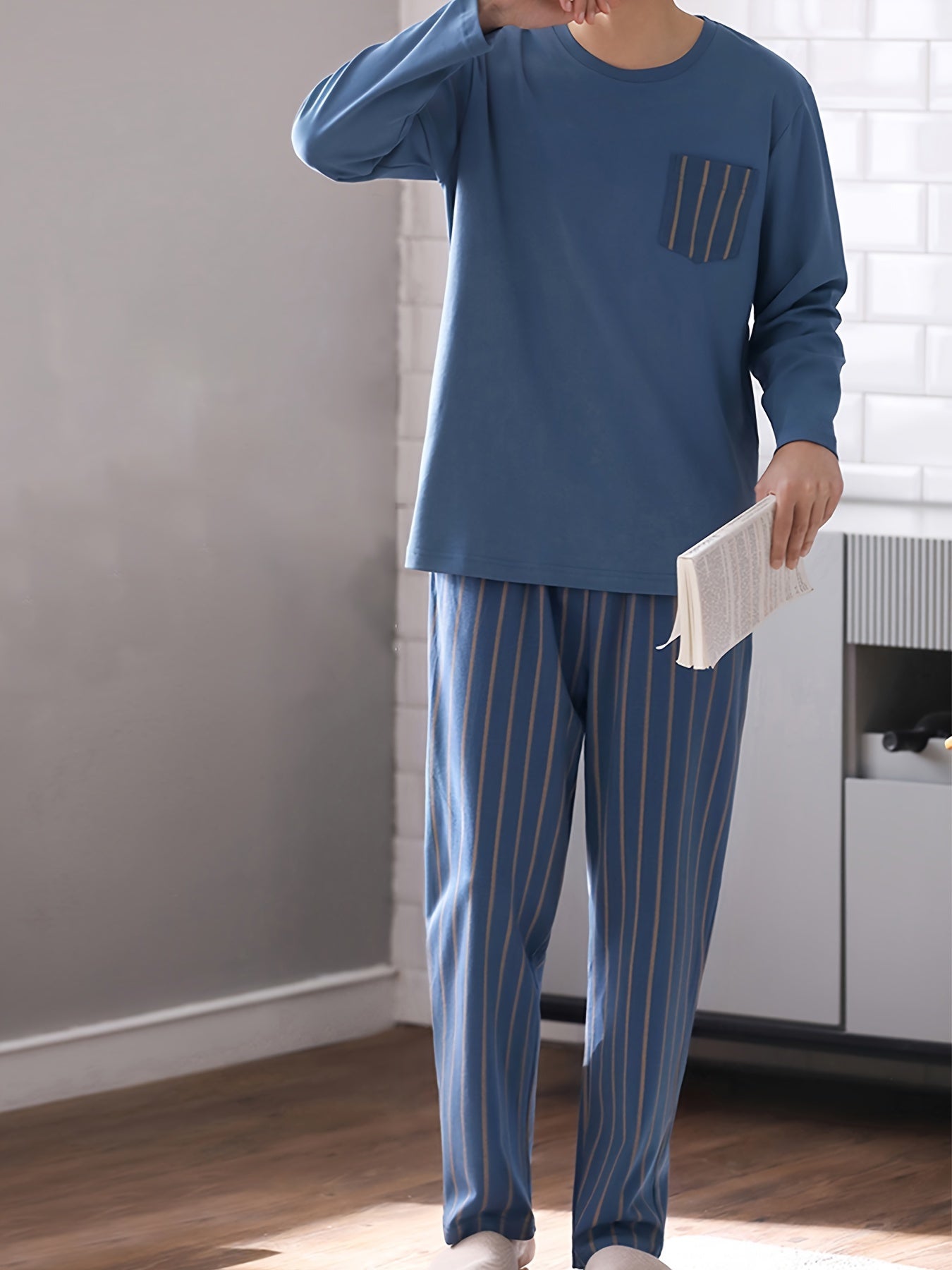 Navy Blue Striped Men's Pajama Set with Pockets - Made of Cozy Polyester, Machine Washable