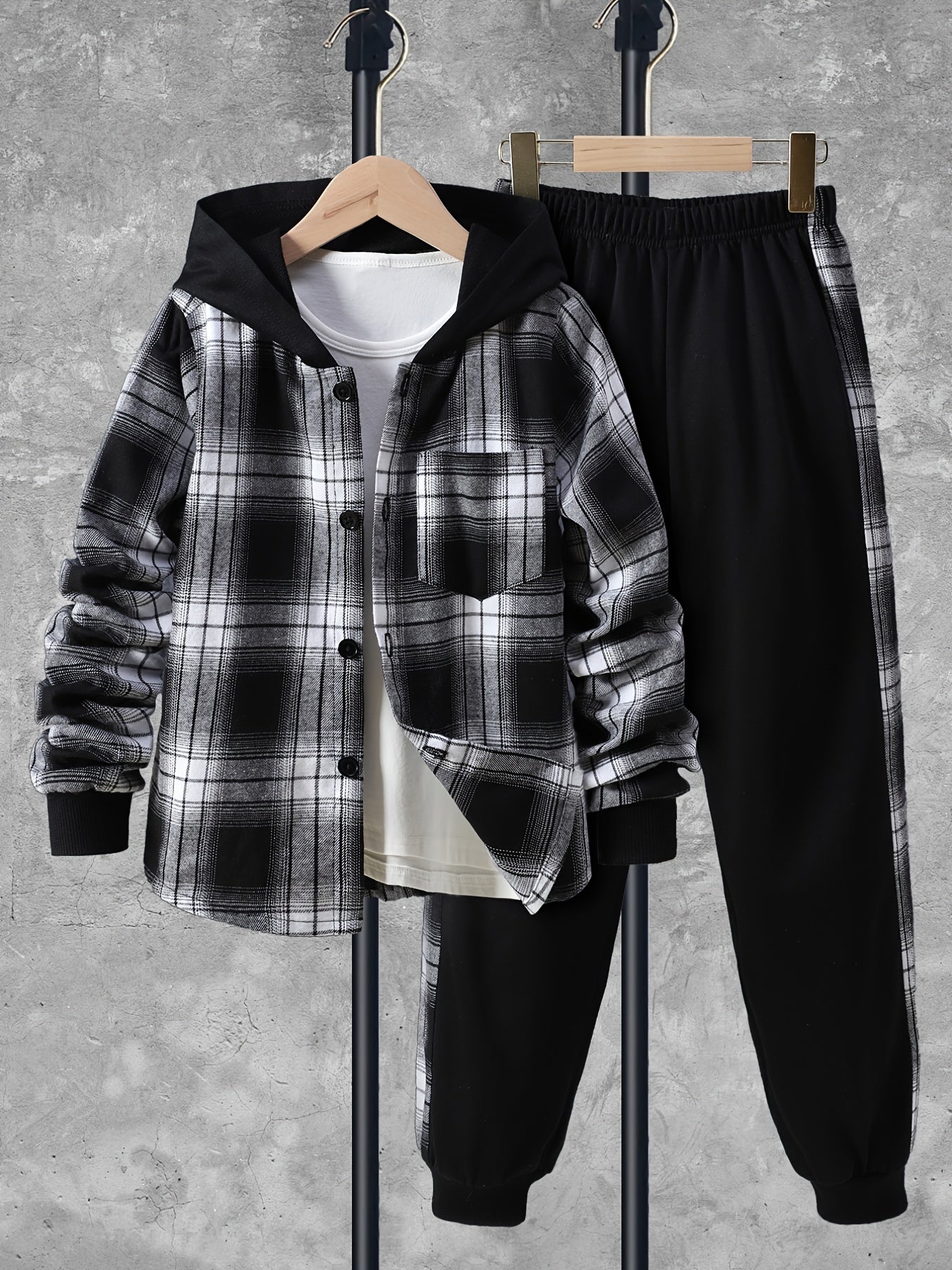 Kids' Medium Boys' Autumn New Fashion Plaid Hooded Shirt and Black Plaid Pants Set for Outdoor Wear.